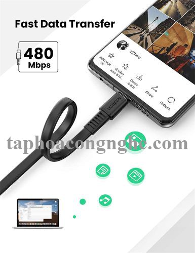 Ugreen 10974 0.5M 2.0 PD 3A 20V màu đen USB type C Cáp sạc và truyền dữ liệu máy tính ra điện thoại US333 30010974